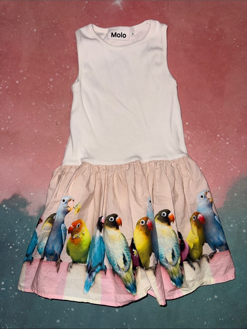 Molo White Tank Dress with Colorful Parrot Skirt girls 3 98 organic